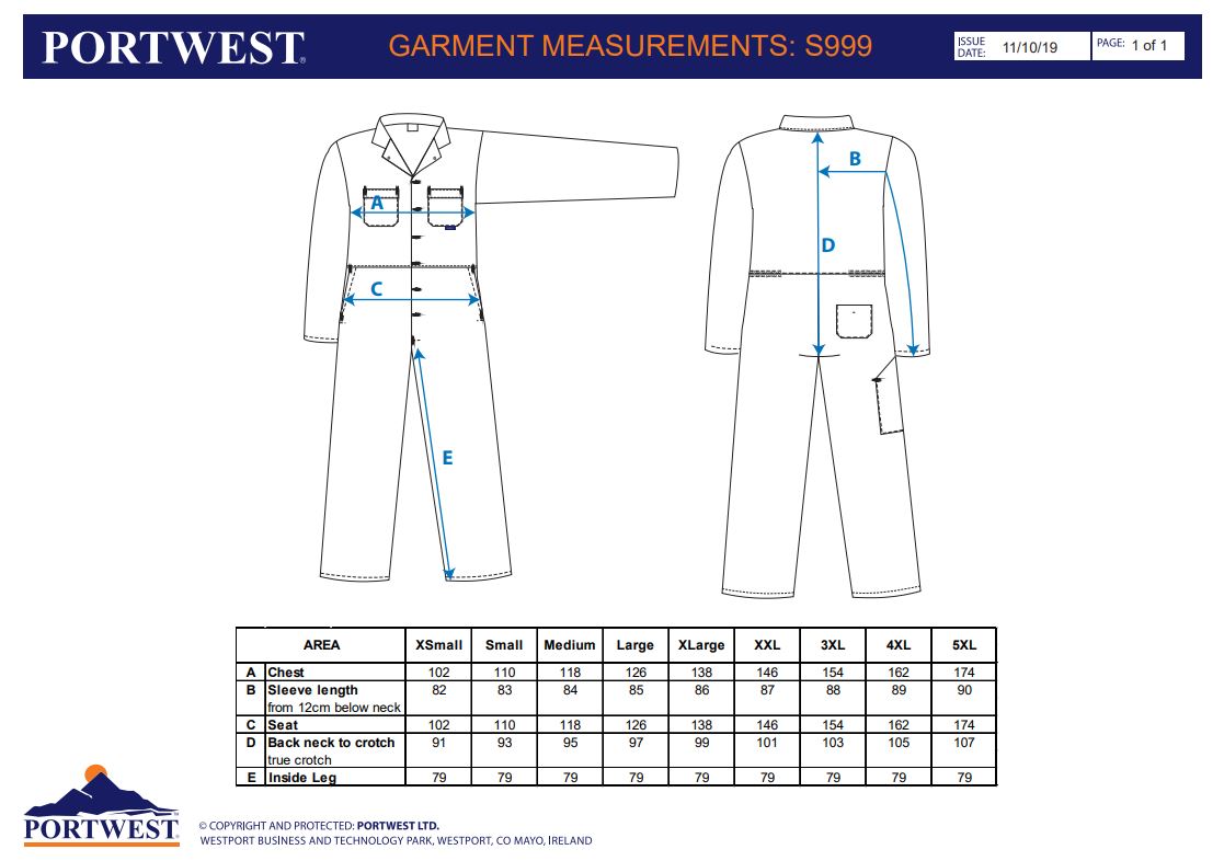 Portwest S999 Euro Work Polycotton Coverall - Navy | Full Source