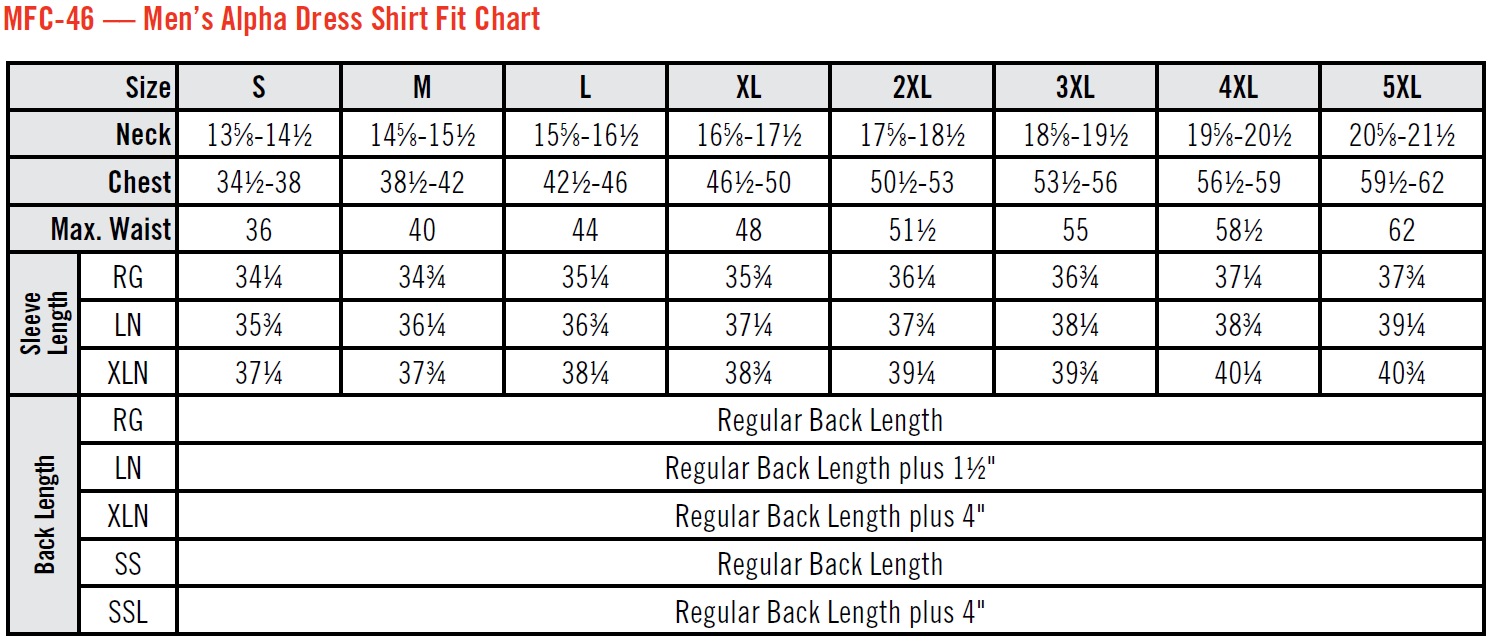 red kap work shirt size chart