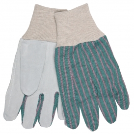 Memphis 1042 Clute Style Split Cow Leather Palm Gloves - Knit Wrist - Green/Pink Stripe Fabric