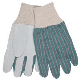 MCR Safety 1042 Clute Style Split Cow Leather Palm Gloves - Knit Wrist - Green/Pink Stripe Fabric