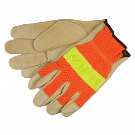 Memphis 34111 Luminator Grain Pigskin Driver Gloves - Orange Mesh Back w/ Lime Reflective Stripe