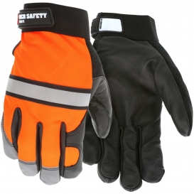 MCR Safety 921 Premium Grain Cow Leather Palm Mechanics Gloves - Reflective Stripes on Back and Fingertips