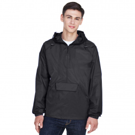 UltraClub 8925 Adult 1/4-Zip Hooded Pullover Pack Away Jacket - Black