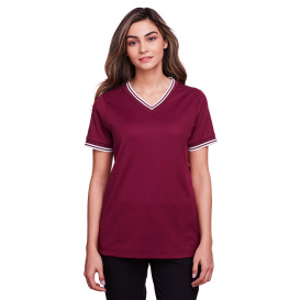 Devon & Jones DG20CW Ladies CrownLux Performance Plaited Tipped V-Neck Top - Burgundy/White