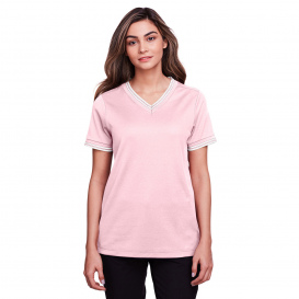 Devon & Jones DG20CW Ladies CrownLux Performance Plaited Tipped V-Neck Top - Pink/White