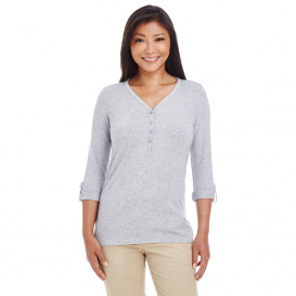 Devon & Jones DP186W Ladies Perfect Fit Y-Placket Convertible Sleeve Knit Top - Grey Heather