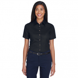 Harriton M500SW Ladies Easy Blend Short Sleeve Twill Shirt with Stain Release - Black