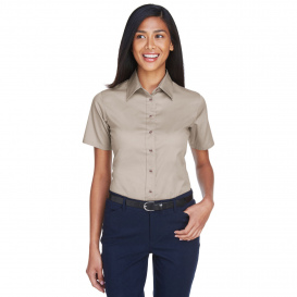 Harriton M500SW Ladies Easy Blend Short Sleeve Twill Shirt with Stain Release - Stone