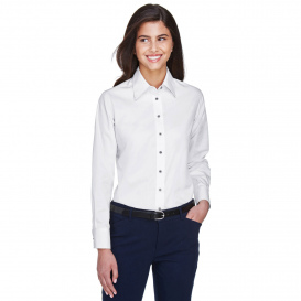 Harriton M500W Ladies Easy Blend Long Sleeve Twill Shirt with Stain Release - White