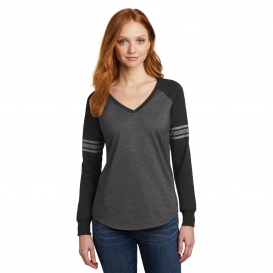 District DM477 Women\'s Game Long Sleeve V-Neck Tee - Heathered Charcoal/Black/Silver