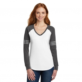 District DM477 Women\'s Game Long Sleeve V-Neck Tee - White/Heathered Charcoal/Silver