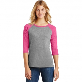 District Made DM136L Ladies Perfect Tri 3/4-Sleeve Raglan - Fuchsia Frost/Grey Frost