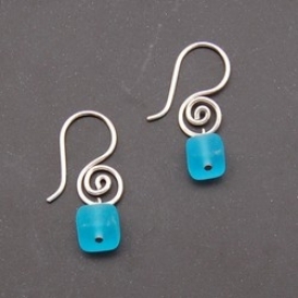 Spiral Earrings with Glass Cube - Aqua