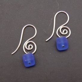 Spiral Earrings with Glass Cube - Blue
