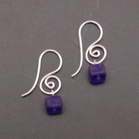 Spiral Earrings with Glass Cube - Dark Blue
