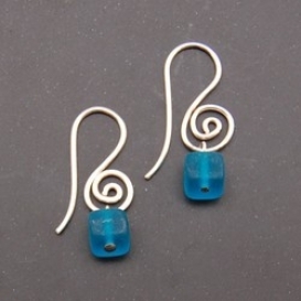 Spiral Earrings with Glass Cube - Dark Teal