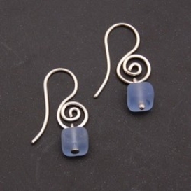 Spiral Earrings with Glass Cube - Light Blue