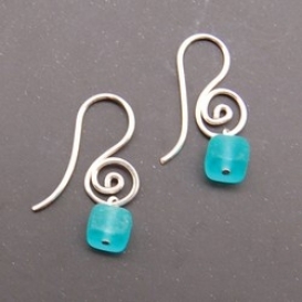 Spiral Earrings with Glass Cube - Teal