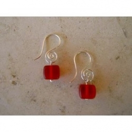 Spiral Earrings with Large Cube - Red