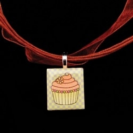 Scrabble Tile Necklace - Green Cupcake on Brown Ribbon