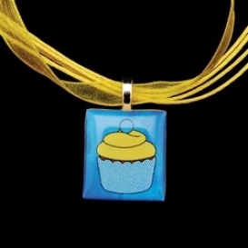Scrabble Tile Necklace - Blue Cupcake on Yellow Ribbon