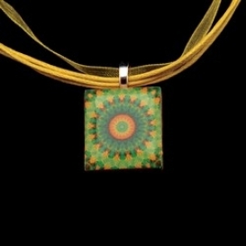 Scrabble Tile Necklace - Green Sunburst Mandala on Yellow Ribbon
