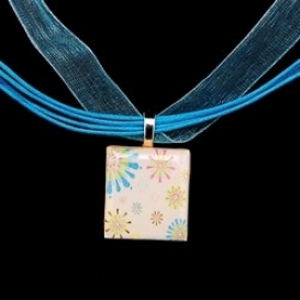 Scrabble Tile Necklace - Multicolor Retro Flowers with Turquoise Ribbon