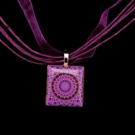 Scrabble Tile Necklace - Purple Sunburst Mandala on Purple Ribbon