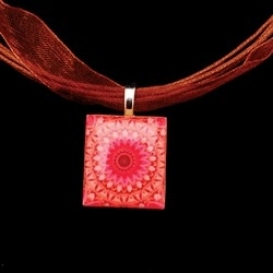 Scrabble Tile Necklace - Pink Sunburst Mandala on Brown Ribbon