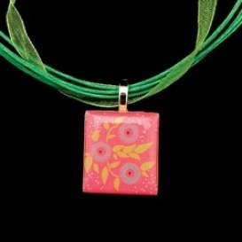 Scrabble Tile Necklace - Pink Tile with Light Green Ribbon