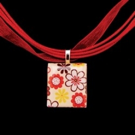 Scrabble Tile Necklace - Multiple Flowers with Red Ribbon