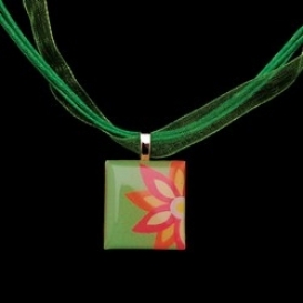 Scrabble Tile Necklace - Pink and Orange Flower with Light Green Ribbon