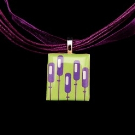 Scrabble Tile Necklace - Retro Purple Flowers with Purple Ribbon