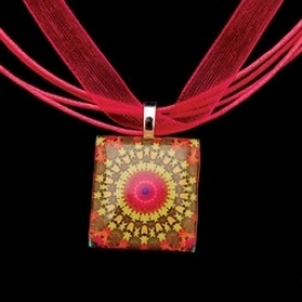 Scrabble Tile Necklace - Green Sunburst Mandala on Hot Pink Ribbon
