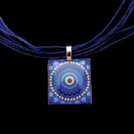 Scrabble Tile Necklace - Blue Sunburst Mandala on Dark Blue Ribbon