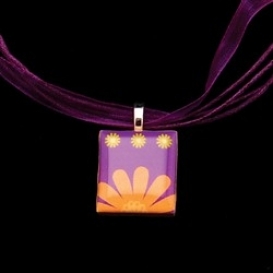 Scrabble Tile Necklace - Orange Floral with Purple Ribbon