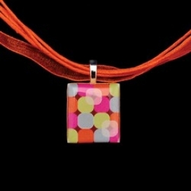 Scrabble Tile Necklace - Retro Circles Tile with Orange Ribbon