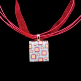 Scrabble Tile Necklace - Retro Squares Tile with Hot Pink Ribbon