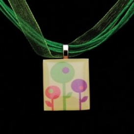 Scrabble Tile Necklace - Retro Pastel Flowers on Light Green Ribbon