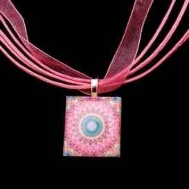Scrabble Tile Necklace - Pink Sunburst Mandala on Light Pink Ribbon