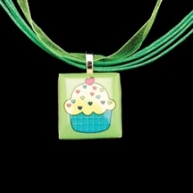 Scrabble Tile Necklace - Green Cupcake on Light Green Ribbon