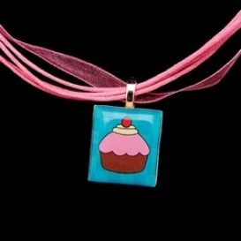 Scrabble Tile Necklace - Teal Cupcake on Light Pink Ribbon