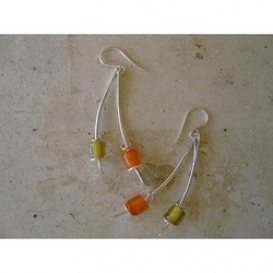 Curved Bar & Bead Earrings - Orange