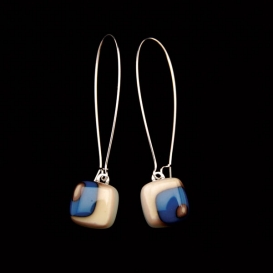 Glass Square Hanging Earrings - Teal and Grey