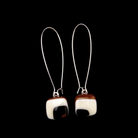 Glass Square Hanging Earrings - Black, Brown and White