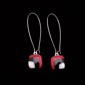 Glass Square Hanging Earrings - Black and Rose