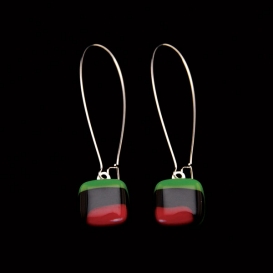Glass Square Hanging Earrings - Green, Black and Burgundy