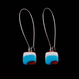 Glass Square Hanging Earrings - Turquoise and Burgundy