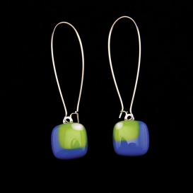 Glass Square Hanging Earrings - Lime and Blue