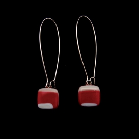 Glass Square Hanging Earrings - Burgundy, Cream and White